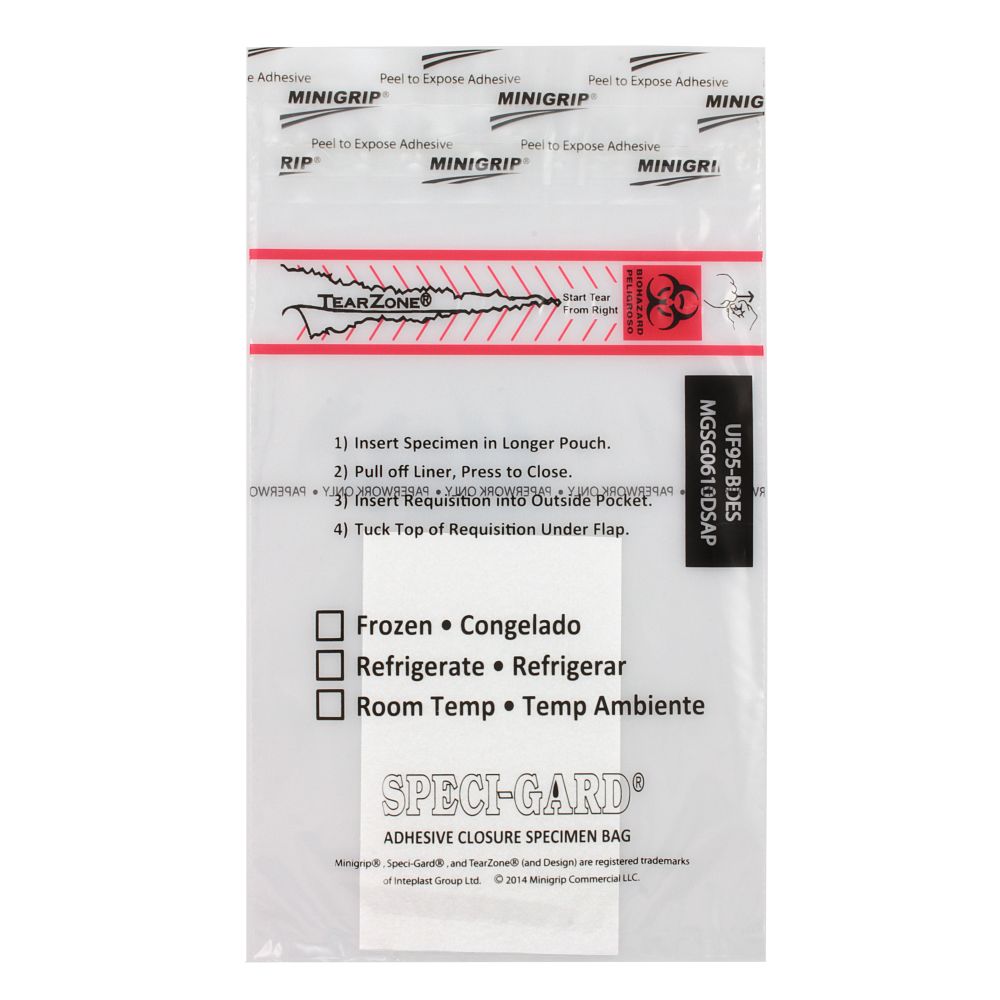 Speci-Gard Transport Bag, Permanent Adhesive Closure with Absorbent 3.5 Pad Instert, 6 x 10, 3-Wall, Clear/Black & Red with Flap, Destroyable, TearZone, 100/pk, 10 pk/cs