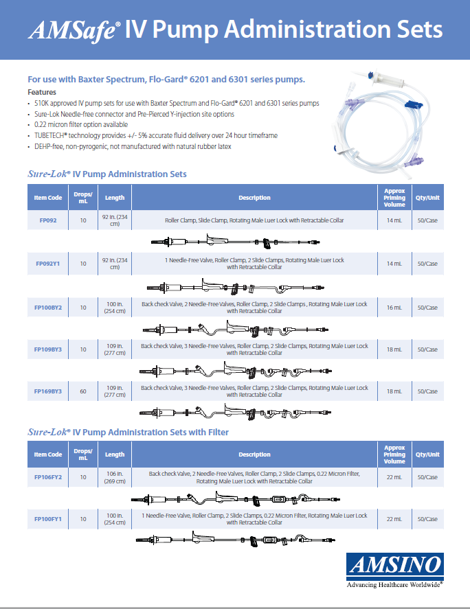 Pre-Pierced Y-Injection Site IV Pump Administration Set, Includes: Backcheck Valve, (2) Pre-Pierced Injection Y-Sites, Roller Clamp, (2) Slide Clamps , Rotating Male Luer Lock with Retractable Collar, 100" Length, 10 drop/ml, 16 ml PV, 50/cs