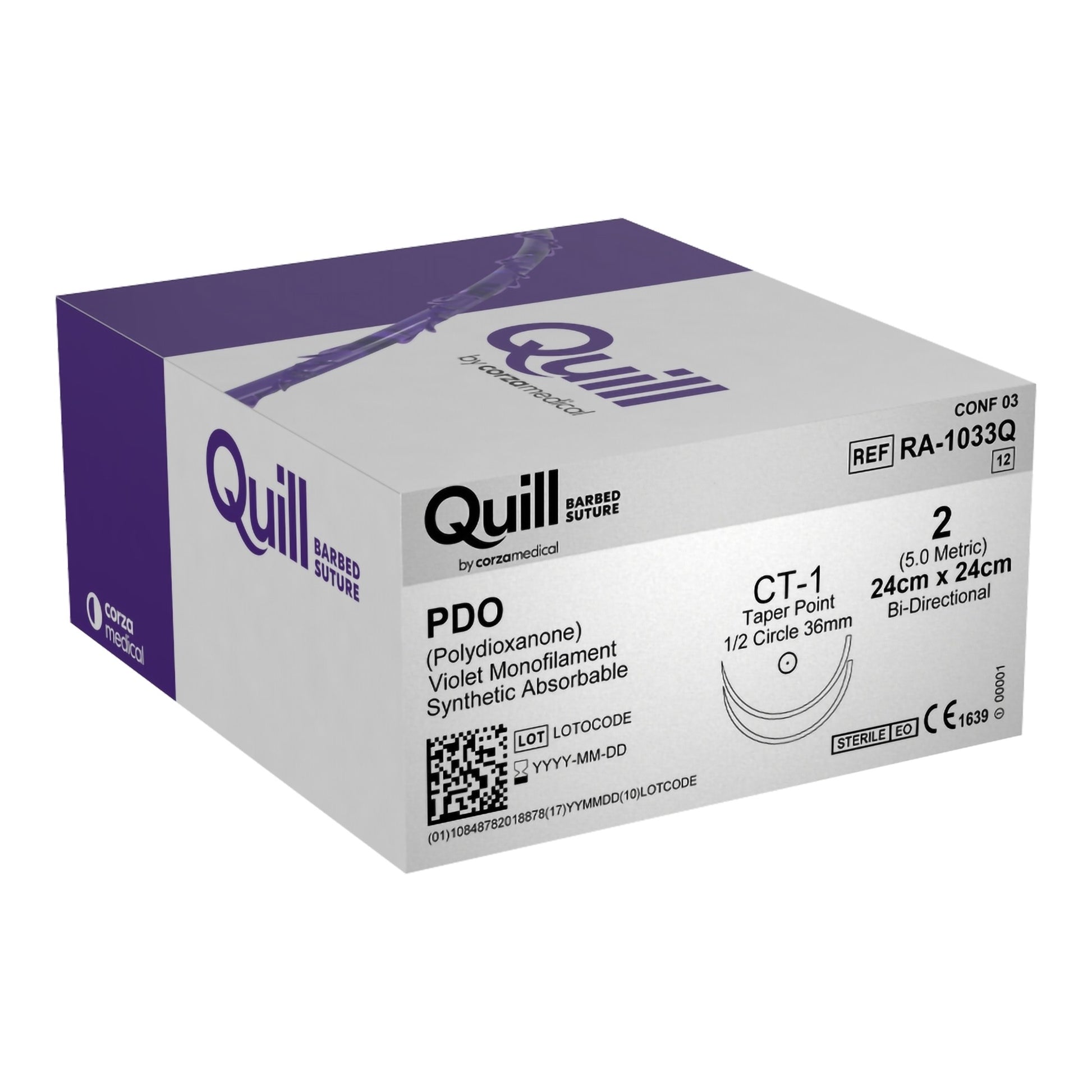 PDO Suture, Heavy Needle, Size 2, 24cm x 24cm, 36mm, 1/2 Circle, 12/bx