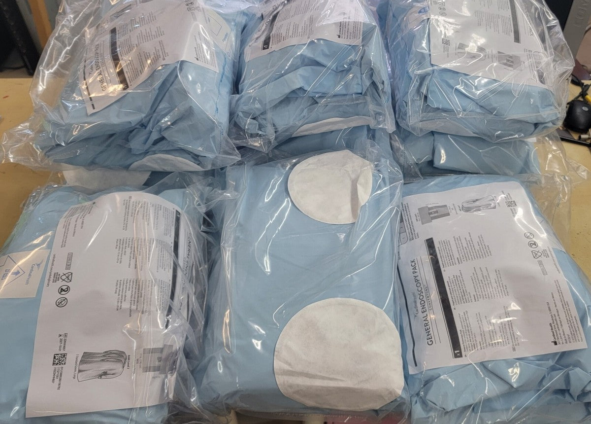 General Endoscopy Pack, Includes: General Endoscopy Drape; Non-Reinforced Scrub Nurse Gown, Large with Towel and Wrap; (2) Non-Reinforced Surgical Gown, Large; (4) Drape Towel, Adhesive, Nonabsorbent; (10) X-Ray Detectable Sponge, 4" x 4"; Mayo Stand Cover, Reinforced Poly, 23"W; Suture Bag; Outer Wrap, Reinforced Poly Table Cloth, 44" x 90", Sterile, 6/cs (Continental US Only)
