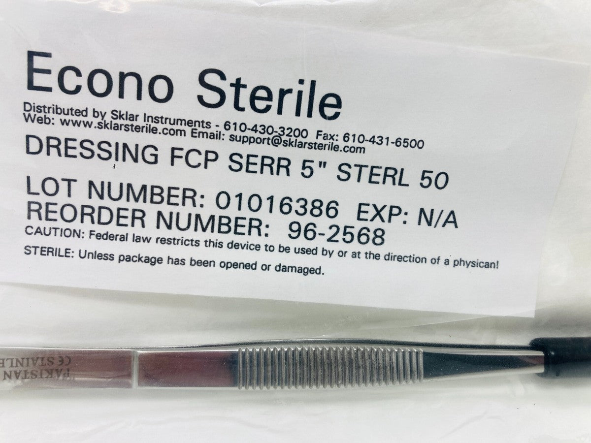Dressing Forceps, Econo, 5, Floor Grade Stainless Steel, Sterile, Nonlocking Thumb Handle, Straight Serrated Tip, Disposable, 50/cs