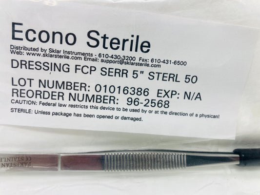 Dressing Forceps, Econo, 5, Floor Grade Stainless Steel, Sterile, Nonlocking Thumb Handle, Straight Serrated Tip, Disposable, 50/cs