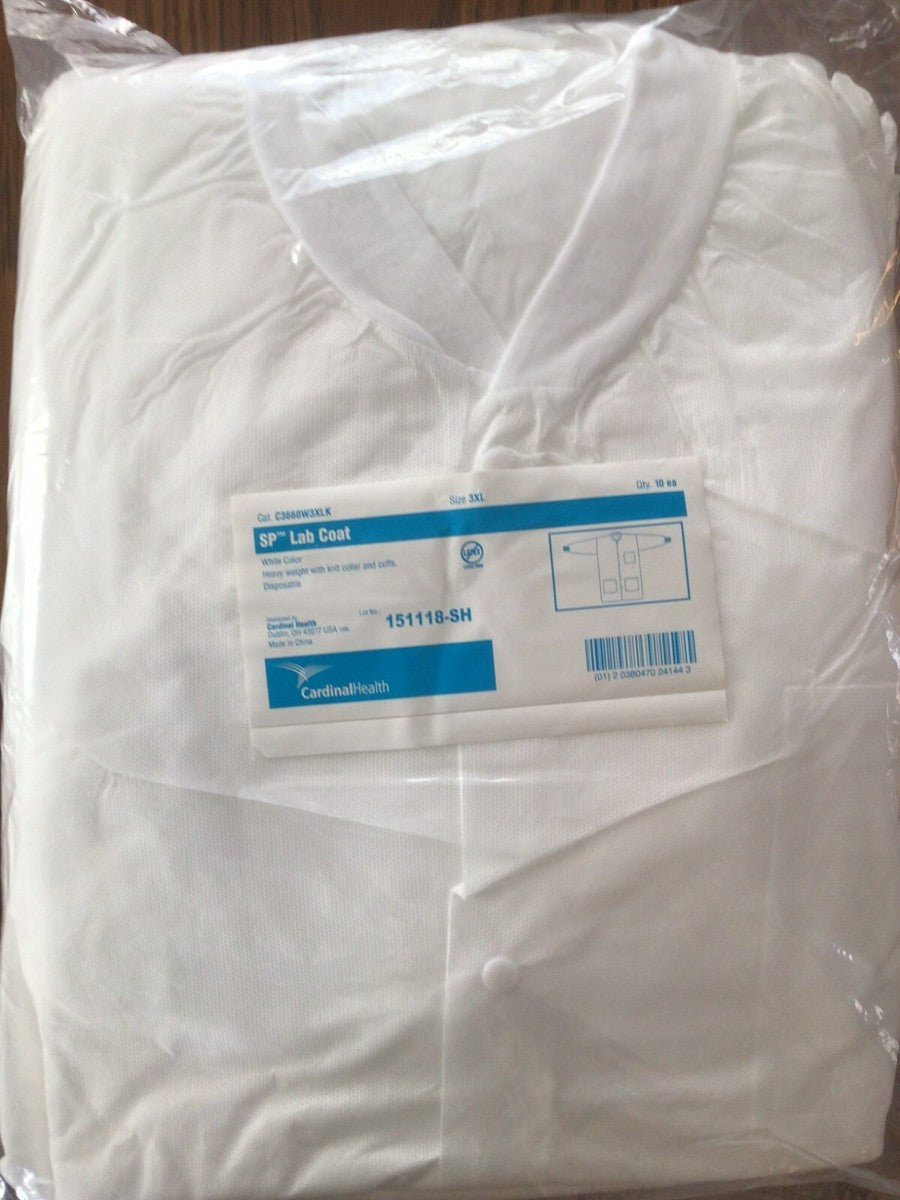 Lab Coat, SMS, Disposable, Knit Collar, Knee Length, Snap Closure, Pockets, White, 3X-Large, 10/pk, 10 pk/cs (Continental US Only)