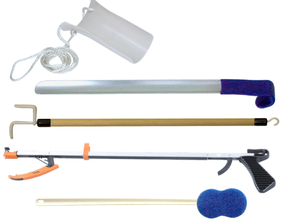 Hip/ Knee Kit Includes: 26" Econo Reacher, Sock Aid, 24" Stainless Shoehorn, Dressing Stick & Long Handle Bath Sponge (A handling charge of $9.95 will be added to any order under $25.00) (DROP SHIP ONLY)