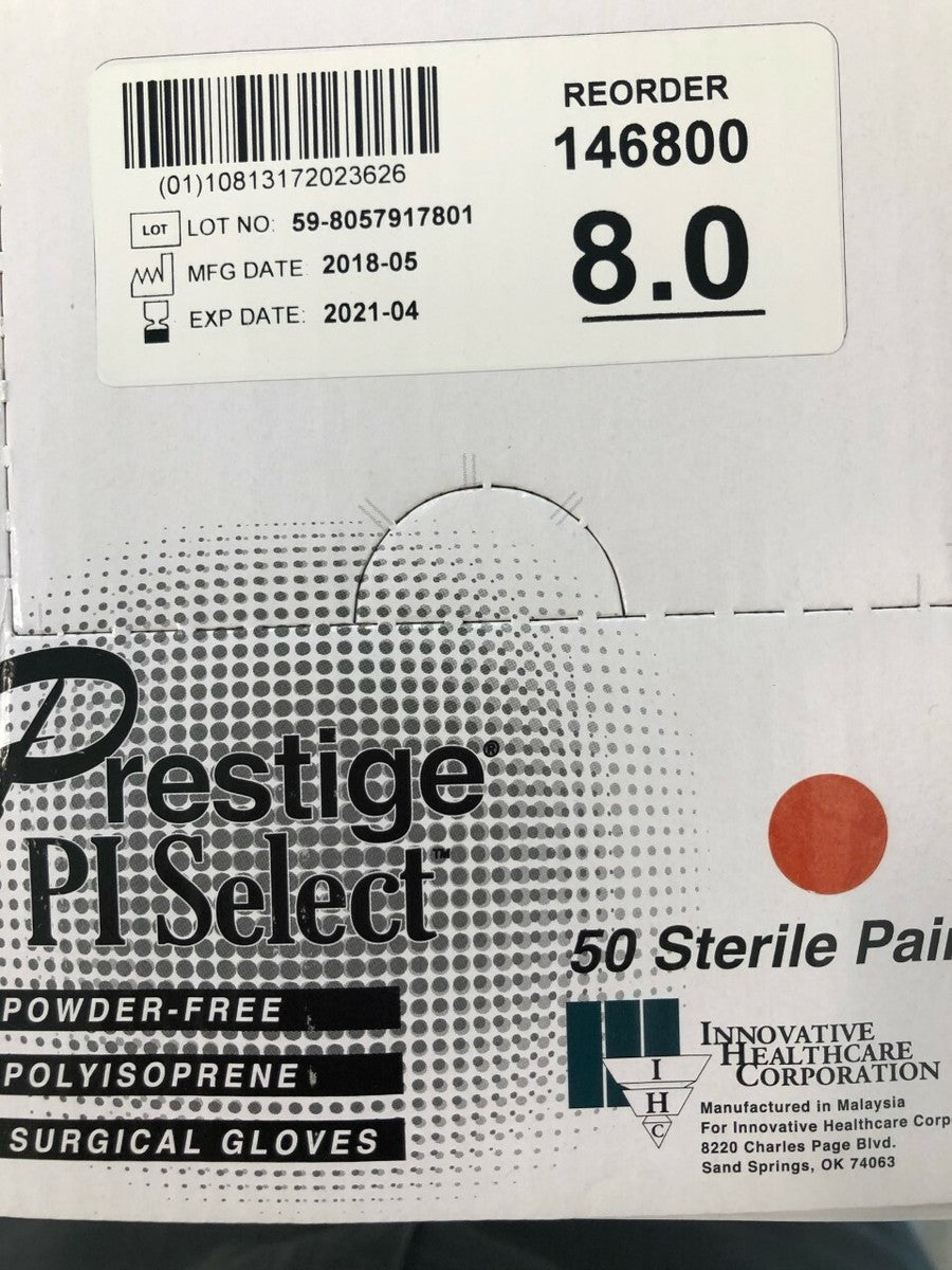 Glove, Surgical, Size 8.0, Polyisoprene, Damp Hand Don, Smooth Finish, Sterile, PF, 50 pr/bx, 4 bx/cs (Some product mislabeled with 3-yr expiration, should be 5-yr. See letter regarding product dating on Supplier Information page)