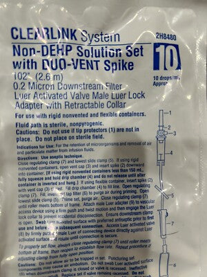 Solution Set, DUO-Vent Spike, 0.2 Micron Downstream Filter, Clearlink Luer Activated Valve, Male Luer Lock Adapter with Retractable Collar, 10 drops/ml, 102" Length, Non-Pyrogenic, Non-DEHP, Sterile, 48/cs (Rx) (Continental US Only)