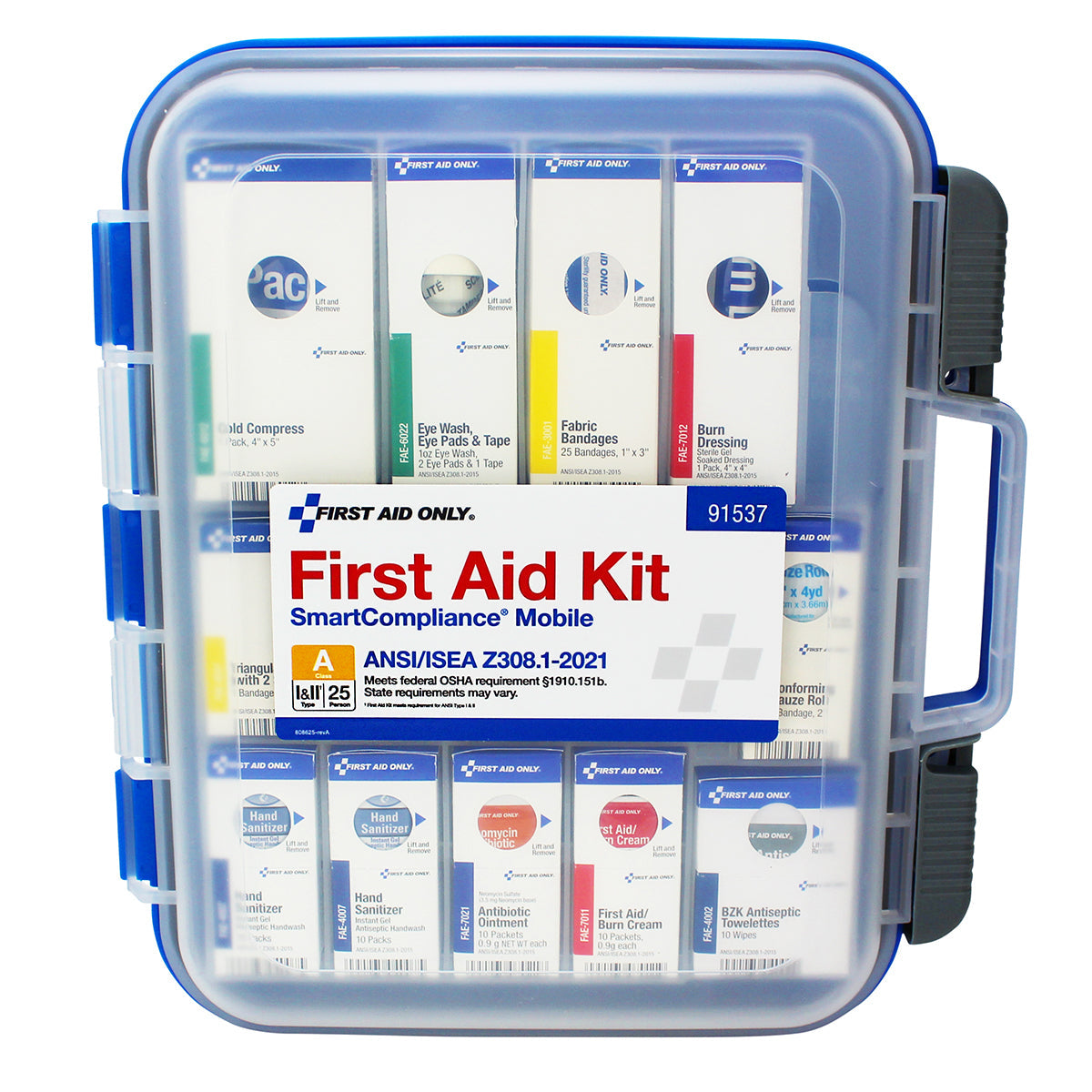 25 Person First Aid Kit, ANSI, Class A, 2021, SmartCompliance, Medium, Plastic, Mobile, Clear Front without Meds (DROP SHIP ONLY - $150 Minimum Order) 