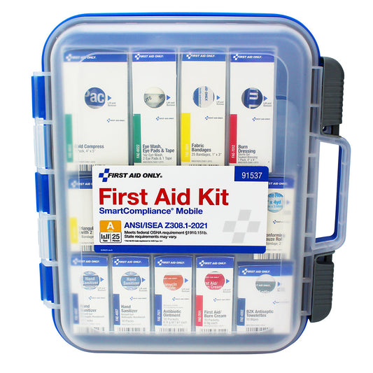 25 Person First Aid Kit, ANSI, Class A, 2021, SmartCompliance, Medium, Plastic, Mobile, Clear Front without Meds (DROP SHIP ONLY - $150 Minimum Order) 