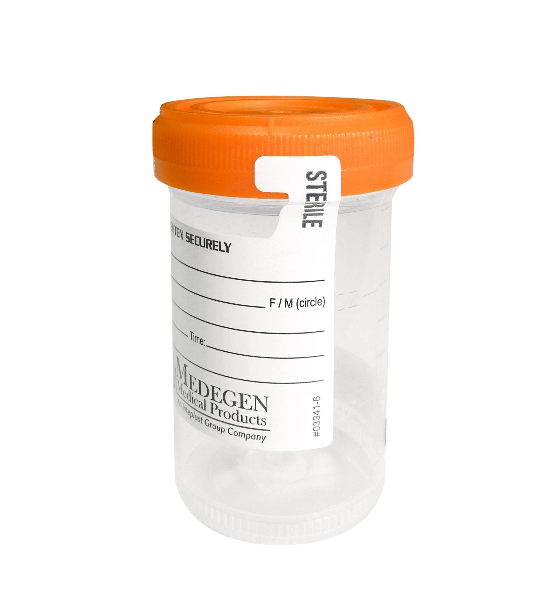 Specimen Container, 3oz, Clear with Orange Lid, Sterility Lable, Temperature Strip, Sterile, 100/bg, 4 bg/cs