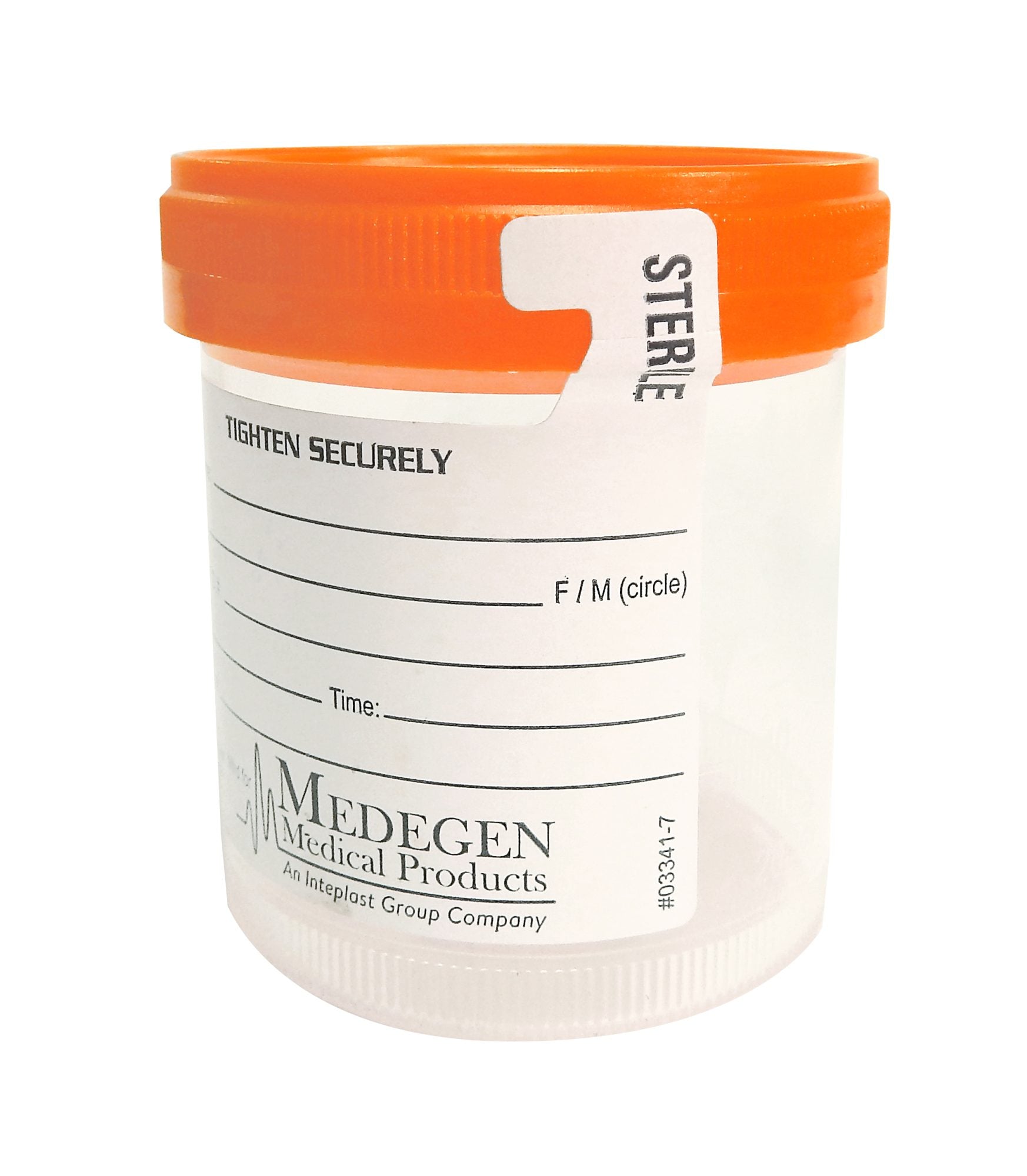 Specimen Container, 3oz, Clear with Orange Lid, Sterility Seal Label, Temperature Strip, Sterile, Wide Mouth, 100/bg, 4 bg/cs