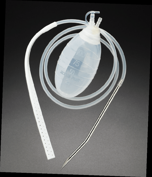 Reservoir Kit with Flat Silicone Drains with Trocar, 100cc, 7mm x 20cm, 3/4 Perforation, 10/cs (Continental US Only)