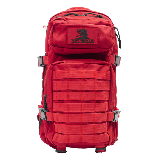 Tactical Trauma First Aid Kit, Red, Durable and Waterproof Backpack, Multiple compartments and pockets, Lightweight, Includes: Bandages, Gauze, Antiseptic Wipes, Trauma Shears, and a Tourniquet (DROP SHIP ONLY - $150 Minimum Order) 