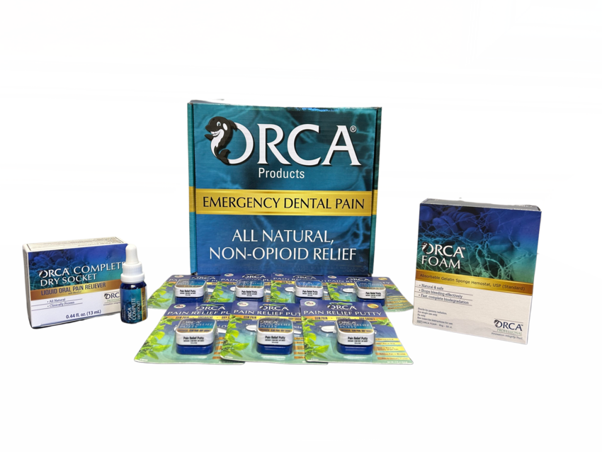 Dental Emergency Kit includes 12 individually packaged Pain Relief Putty, 1 bottle of ORCA Complete Dry Socket, 1 box of 32 cubes of ORCA Foam 10mm cube