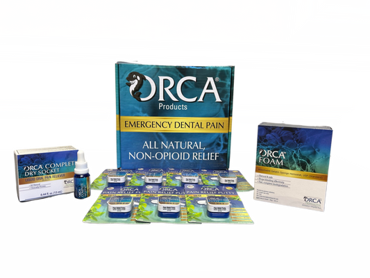 Dental Emergency Kit includes 12 individually packaged Pain Relief Putty, 1 bottle of ORCA Complete Dry Socket, 1 box of 32 cubes of ORCA Foam 10mm cube