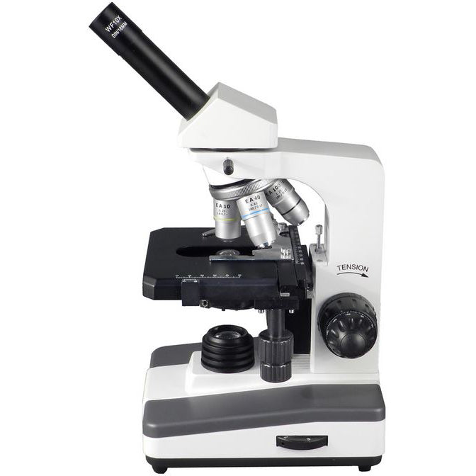 Microscope, Monocular, 4X-10X-40X-100X, Graduated Mechanical Stage, ABBE Condenser with Iris Diaphragm, Oil DIN Objectives, Built-In 6V20W Halogen Illumination with Intensity Adjustment