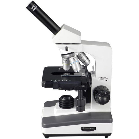 Microscope, Monocular, 4X-10X-40X-100X, Graduated Mechanical Stage, ABBE Condenser with Iris Diaphragm, Oil DIN Objectives, Built-In 6V20W Halogen Illumination with Intensity Adjustment