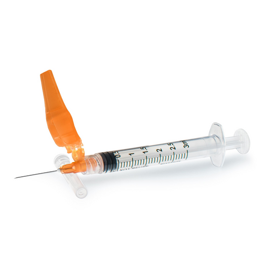 Safety Hypodermic Syringe with Needle McKesson Prevent® HT 3 mL 1 Inch 25 Gauge Hinged Safety Needle Thin Wall (16-SN3C251S)