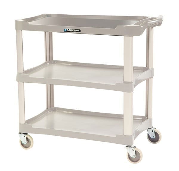 18-1/2"W X 36"L X 35"H Light Gray Plastic Utility Cart W/Aluminum Legs; 300 Lb. Load Capacity; Three 16"W X 28-1/2"L Shelves W/11-3/4" Shelf Clearance; 4" All Swivel Casters; Stain & Odor-Resistant Material; Assembles Easily Without Hardware