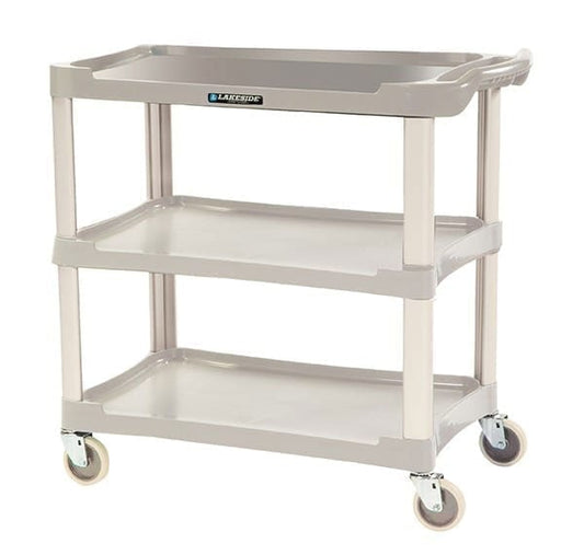 18-1/2"W X 36"L X 35"H Light Gray Plastic Utility Cart W/Aluminum Legs; 300 Lb. Load Capacity; Three 16"W X 28-1/2"L Shelves W/11-3/4" Shelf Clearance; 4" All Swivel Casters; Stain & Odor-Resistant Material; Assembles Easily Without Hardware