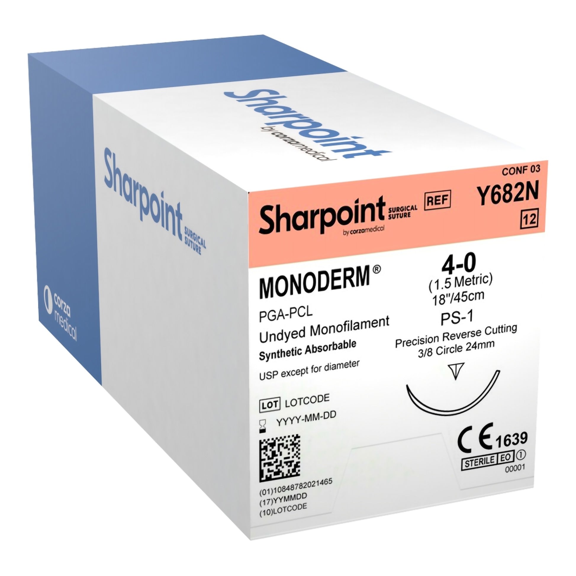 Monoderm Suture, Monofilament, Reverse Cutting, Size 4-0, 18"/45cm, 24mm, 3/8 Circle, 12/bx